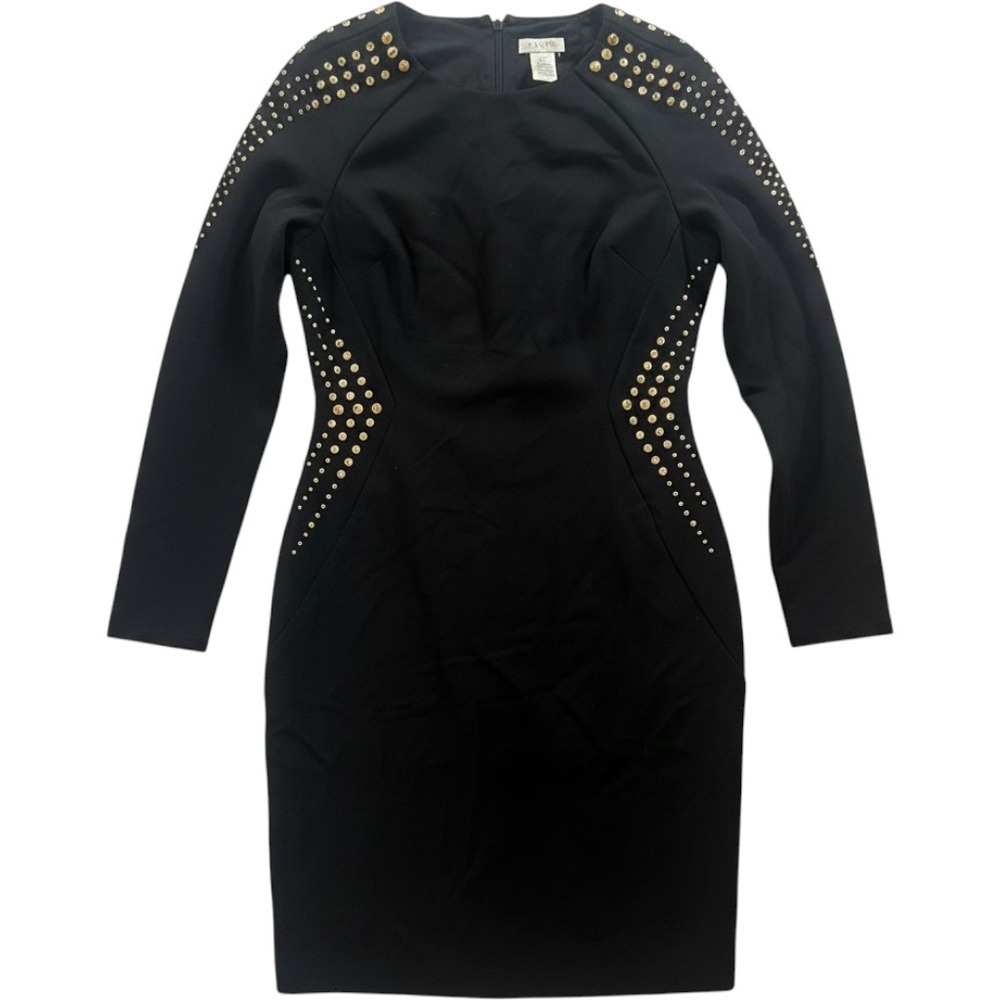 Cache Womens Black Gold Studded Ponte Knit Sheath Dress Long Sleeve Size 12